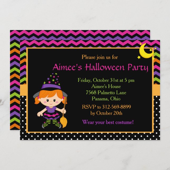 Cute Witch Girl Halloween Party Invitation (Front/Back)