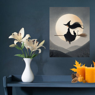 Cute Witch Girl her Broom & Cat Kids Halloween Poster