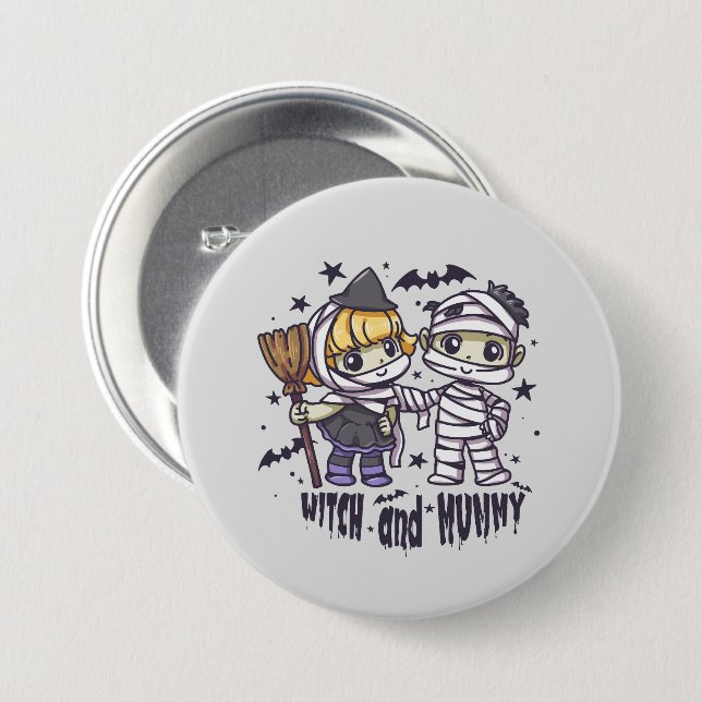 Cute Witch Girl & Mischievous Mummy Boy 3 Inch Round Button (Front & Back)