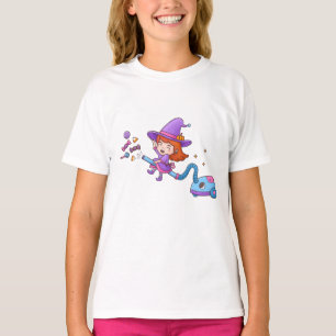 Cute Witch Girl on Vacuum Cleaner Funny Halloween T-Shirt