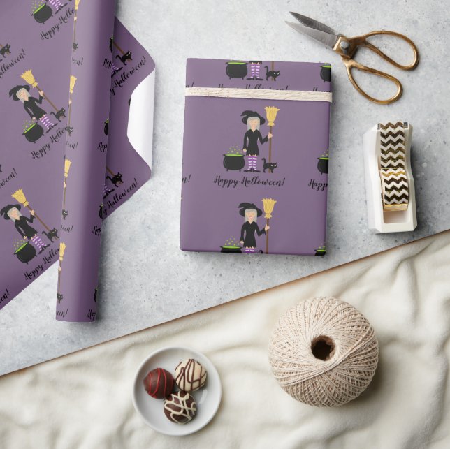 Cute Witch Girl With A Cat & Happy Halloween Text Wrapping Paper (Crafts)