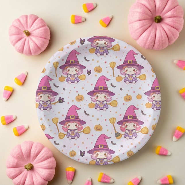Cute Witch Halloween Pattern with Pumpkins and Bat Paper Plate (Creator Uploaded)