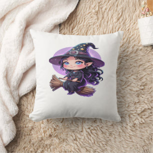 Cute Witch Halloween T-Shirt – Chibi Style Cartoon Throw Pillow