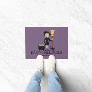 Cute Witch Happy Halloween & Custom Family Name Doormat