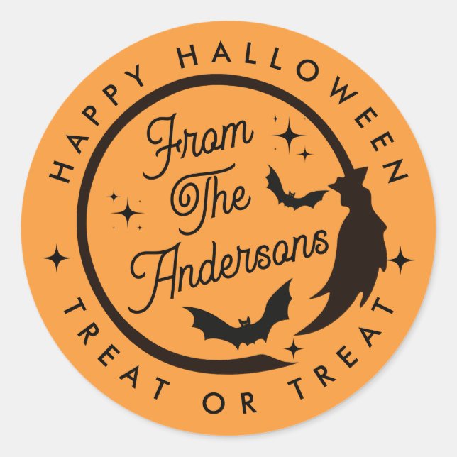 Cute Witch Happy Halloween Treat or Treat Favour Classic Round Sticker (Front)