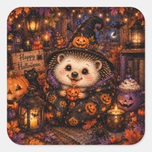 Cute Witch Hedgehog Happy Halloween Cozy Pumpkin Square Sticker