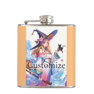 Cute Witch Holding Black Cat Thunder_Cove  Hip Flask
