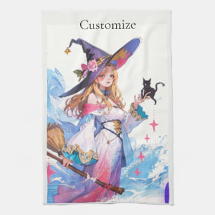 Cute Witch Holding Black Cat Thunder_Cove Kitchen Towel