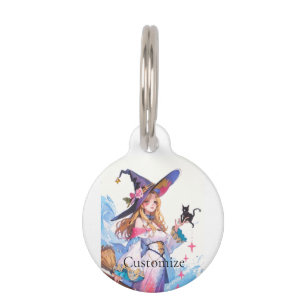 Cute Witch Holding Black Cat Thunder_Cove Pet Tag