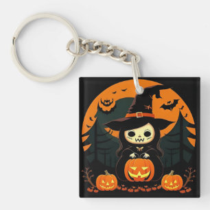 Cute Witch Holding Pumpkin in Spooky Halloween Keychain