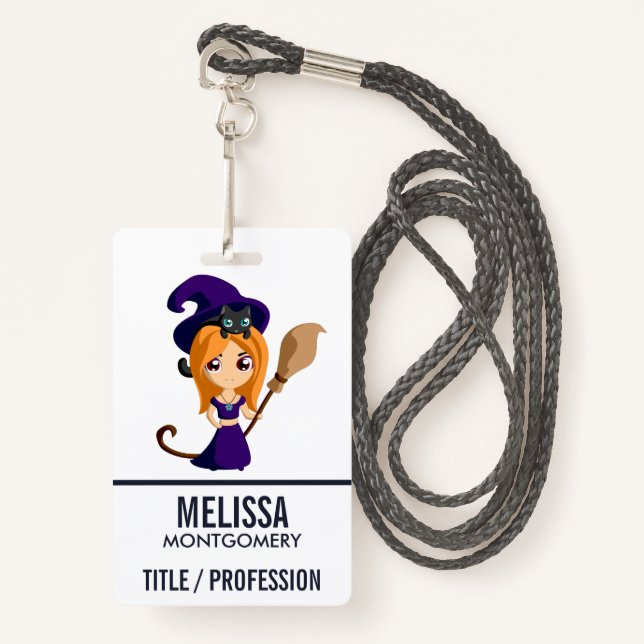 Cute Witch in Purple Hat Halloween Badge (Front with Lanyard)