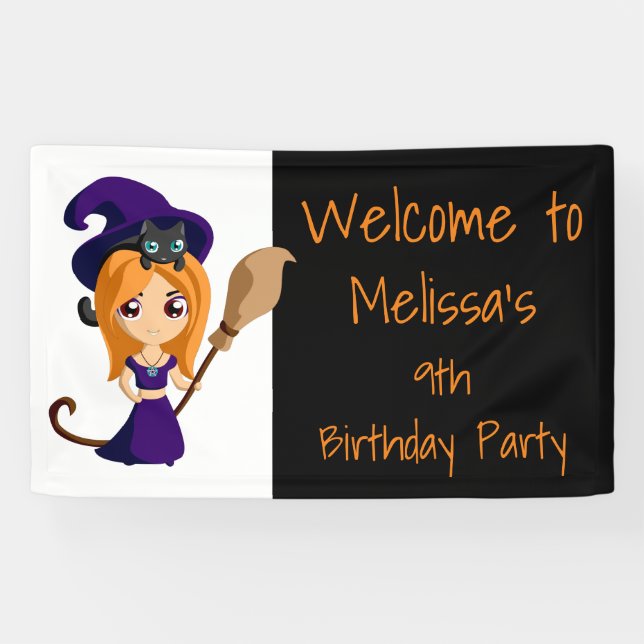 Cute Witch in Purple Hat Halloween Birthday Banner (Horizontal)