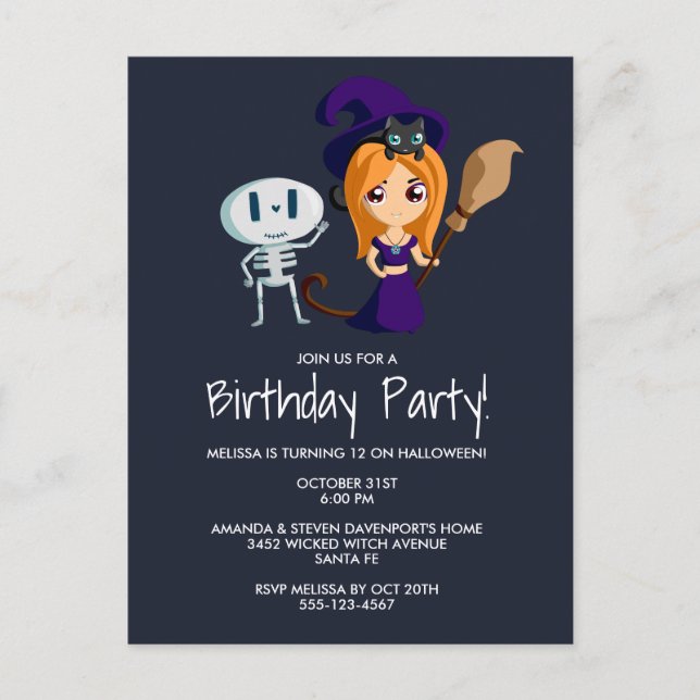 Cute Witch in Purple Hat Halloween Birthday Party Invitation Postcard (Front)