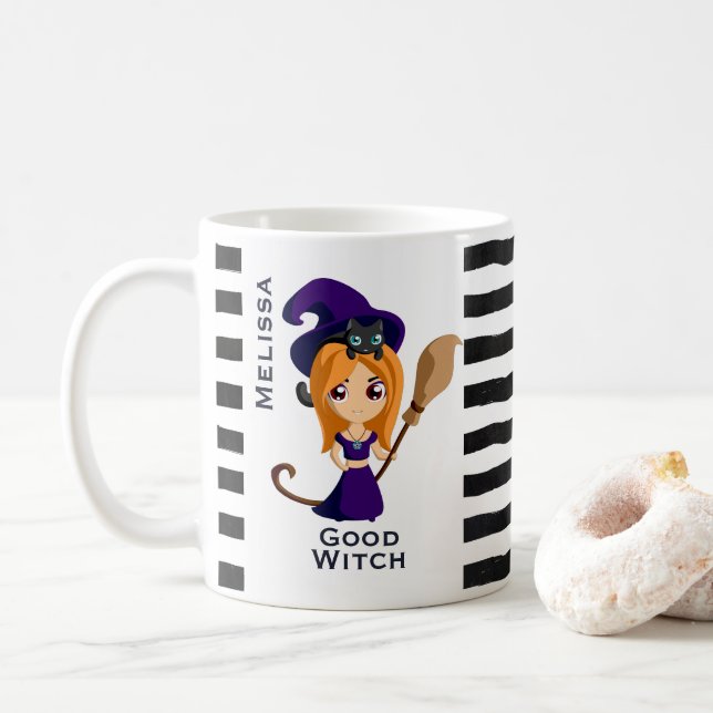 Cute Witch in Purple Hat Halloween Coffee Mug (With Donut)