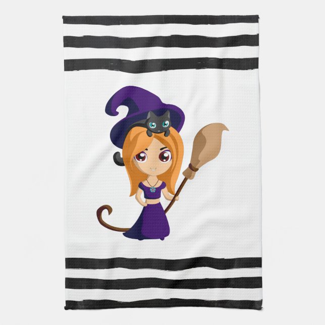 Cute Witch in Purple Hat Halloween Kitchen Towel (Vertical)