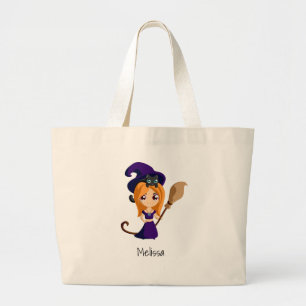 Cute Witch in Purple Hat Halloween Large Tote Bag