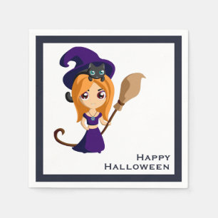 Cute Witch in Purple Hat Halloween Napkin