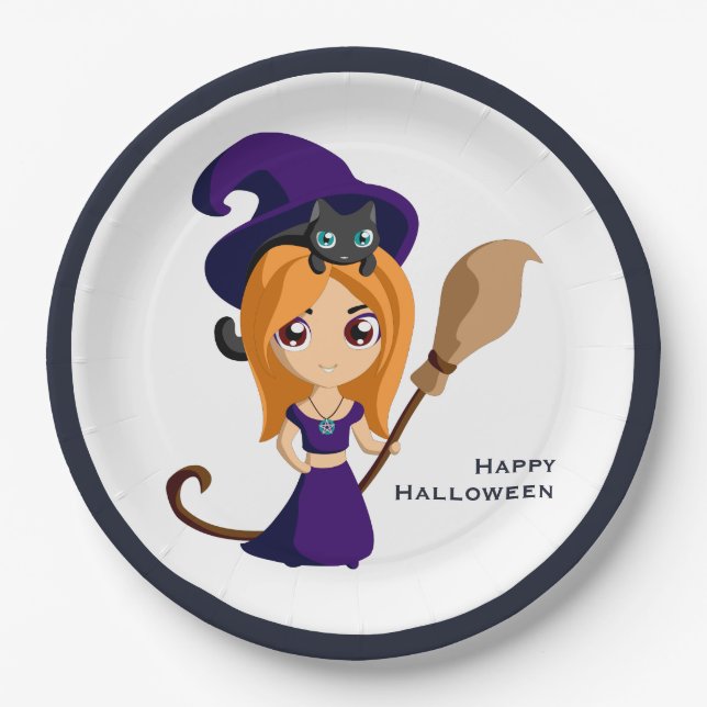 Cute Witch in Purple Hat Halloween Paper Plate (Front)
