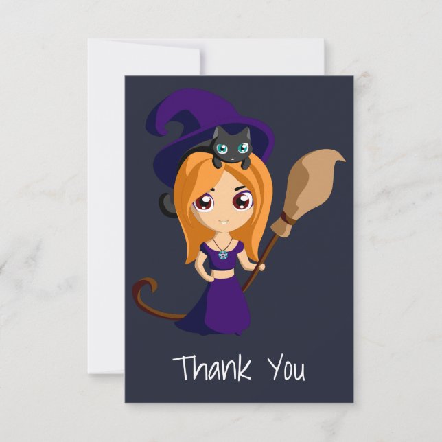 Cute Witch in Purple Hat Halloween Party Thank You (Front)