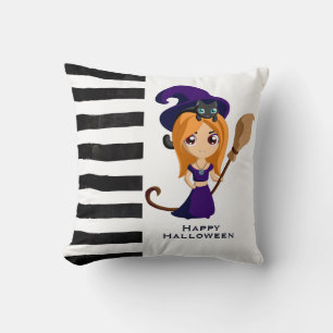 Cute Witch in Purple Hat Halloween Throw Pillow