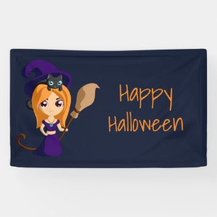 Cute Witch in Purple Hat Happy Halloween Banner