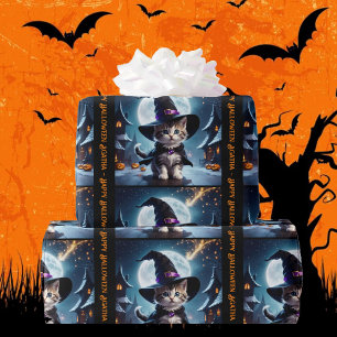 Cute Witch Kitten Halloween Add Girl's Name Wrapping Paper