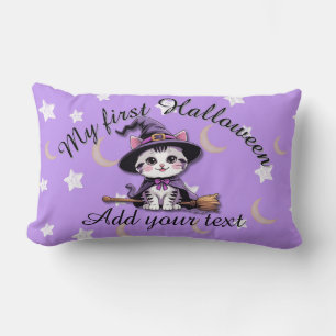 Cute Witch Kitten – Pastel Halloween Lumbar Pillow