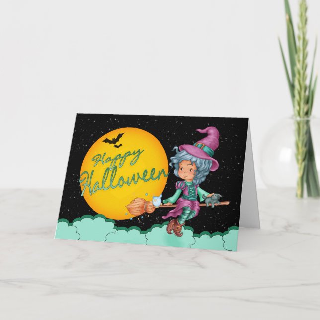 cute witch on broom halloween greeting card (Front)
