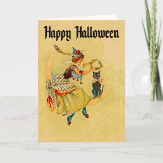 Cute Witch on Moon with Cat Card