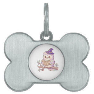 Cute Witch Owl Reading Spell Book Halloween Illust Pet ID Tag