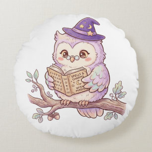 Cute Witch Owl Reading Spell Book Halloween Illust Round Pillow