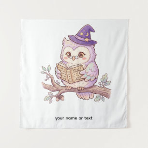 Cute Witch Owl Reading Spell Book Halloween Illust Tapestry