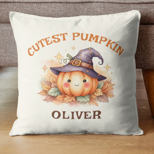 Cute Witch Pumpkin with Fall Leaves Throw Pillow