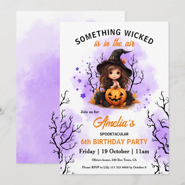 Cute Witch Purple Orange Halloween Birthday Invitation (Front/Back)