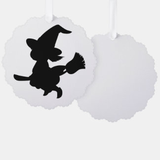 Cute Witch riding a broom Silhouette Ornament Card