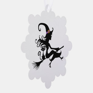 Cute Witch riding a broom Silhouette Ornament Card