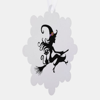 Cute Witch riding a broom Silhouette Ornament Card