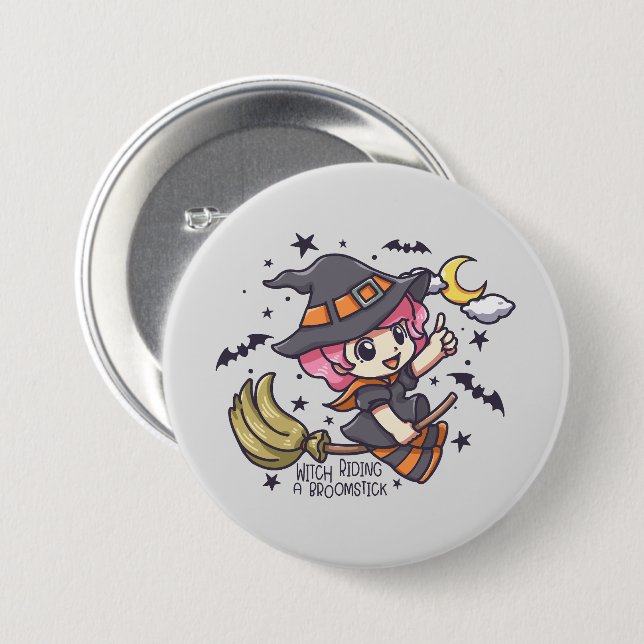 Cute Witch Riding A Broomstick 3 Inch Round Button (Front & Back)