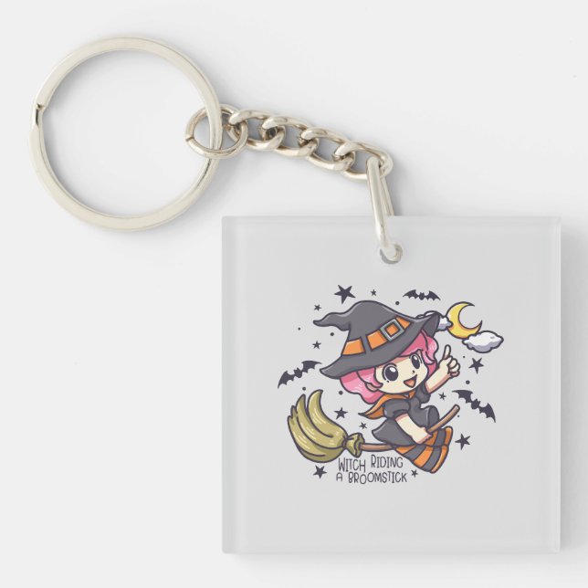 Cute Witch Riding A Broomstick Keychain (Front)