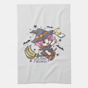 Cute Witch Riding A Broomstick Kitchen Towel