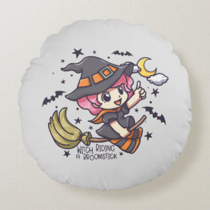 Cute Witch Riding A Broomstick Round Pillow