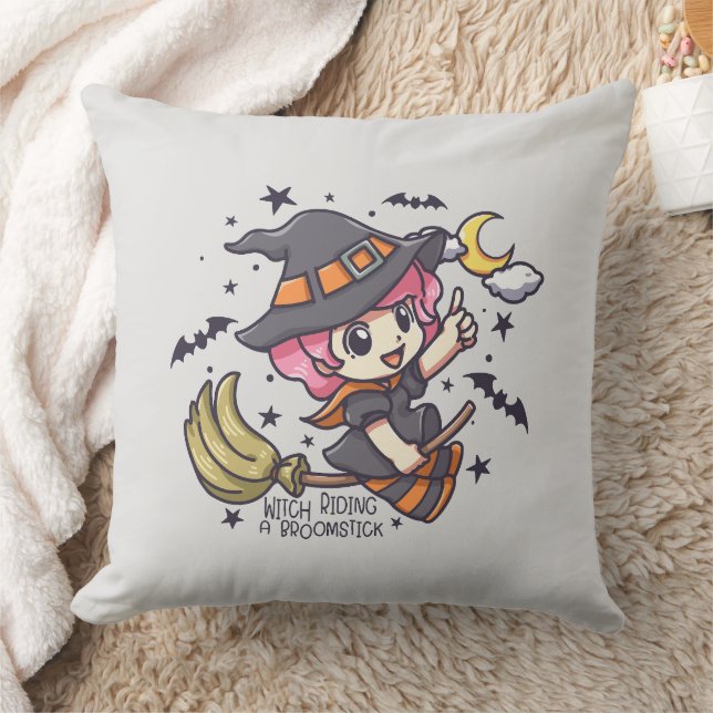 Cute Witch Riding A Broomstick Throw Pillow (Blanket)