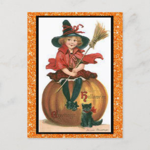 Cute Witch Sitting on a Pumpkin with Black  Postcard