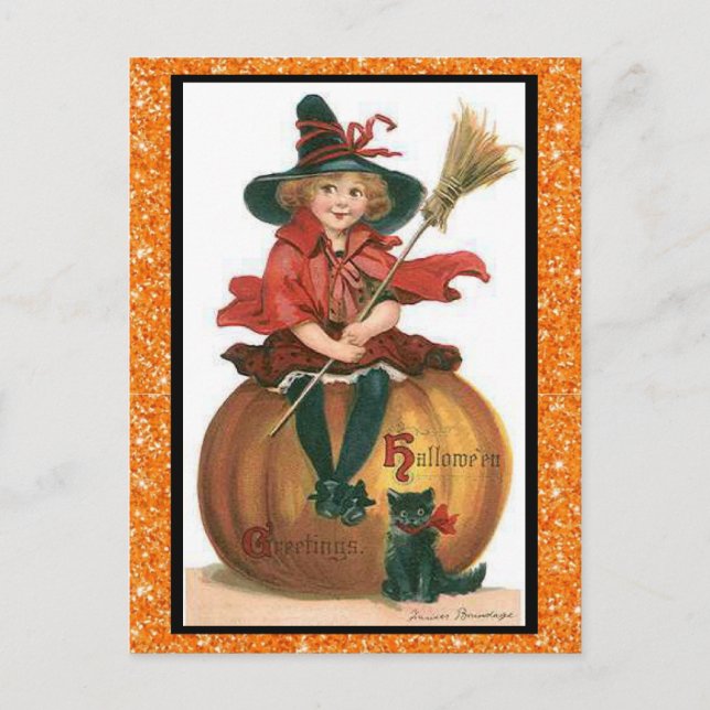 Cute Witch Sitting on a Pumpkin with Black  Postcard (Front)