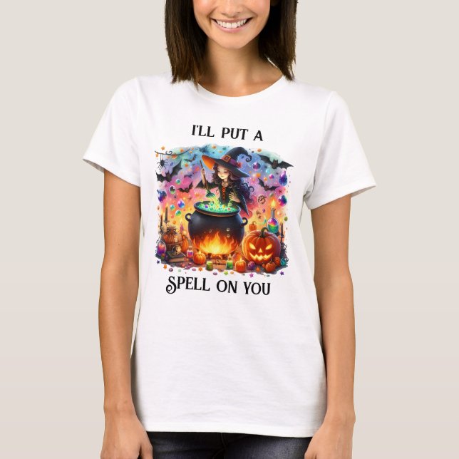 Cute Witch Stirring Cauldron T-Shirt (Front)