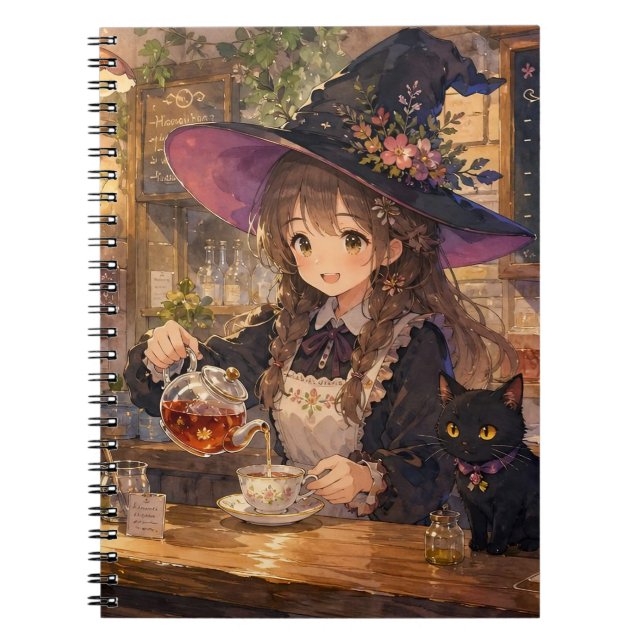 Cute Witch Tea Time Spiral Notebook (Front)