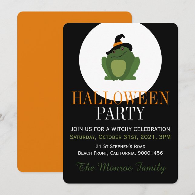 Cute Witch Toad, Halloween Party Invitation (Front/Back)