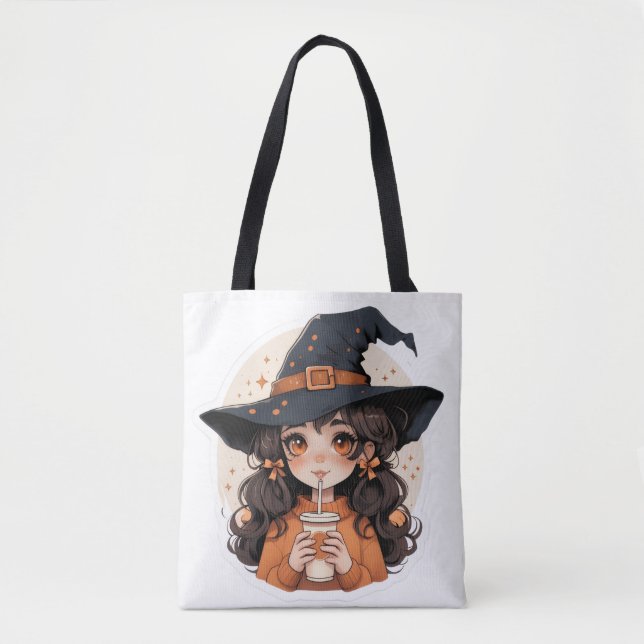 Cute Witch Tote Bag | Cozy Autumn Aesthetic Hall (Front)