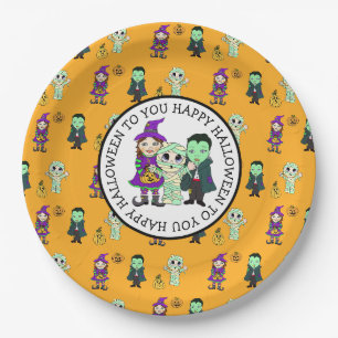 Cute Witch, Vampire and Mummy Halloween Party Paper Plate
