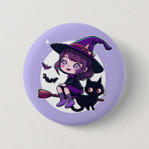 Cute Witch with a Broom Black Cat Bats Moon   2 Inch Round Button